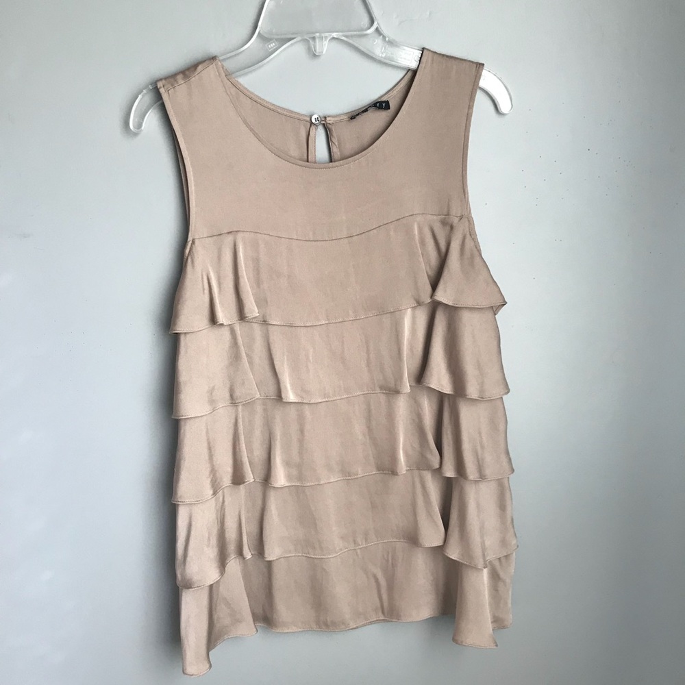 theory nude pink silk ruffle trim blouse small